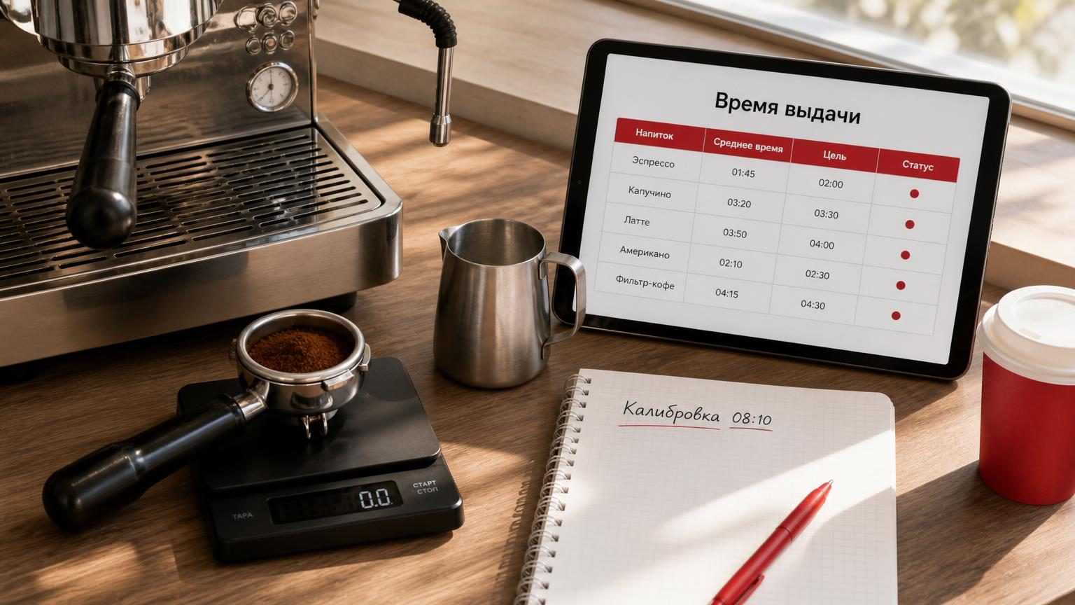 Барная стойка кофейни to-go сверху: эспрессо-машина, весы с портафильтром, питчер, рядом планшет с таблицей и тетрадь калибровки. Спокойный рабочий кадр, утренний свет. Надписи:…