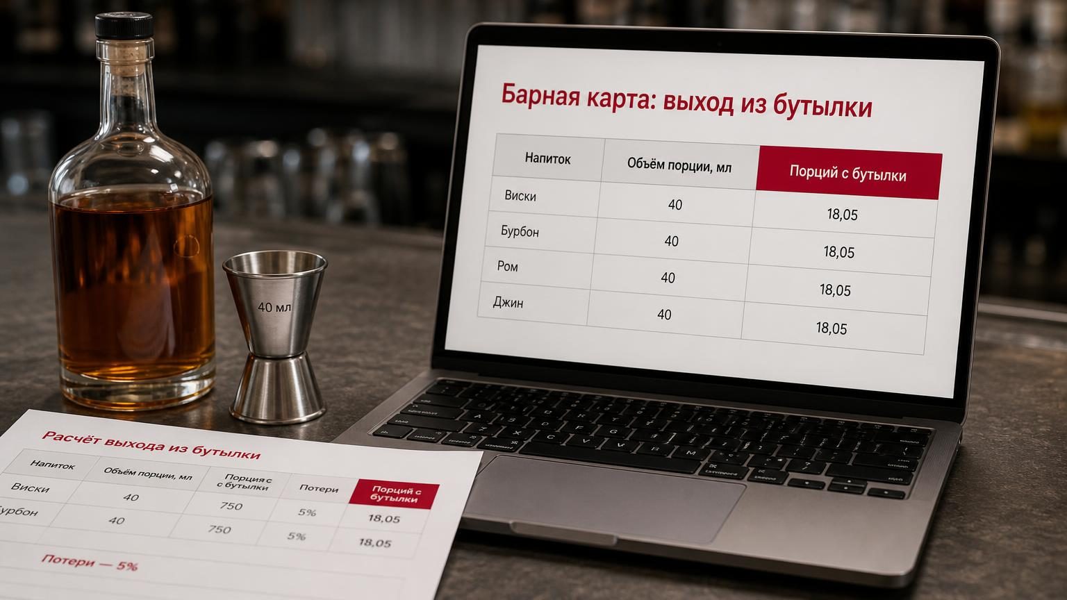 Барная стойка сверху: бутылка виски, джиггер на 40 мл, распечатка с расчётом и ноутбук. Крупно — таблица на экране. Надписи: заголовок на экране «Барная карта: выход из бутылки»…