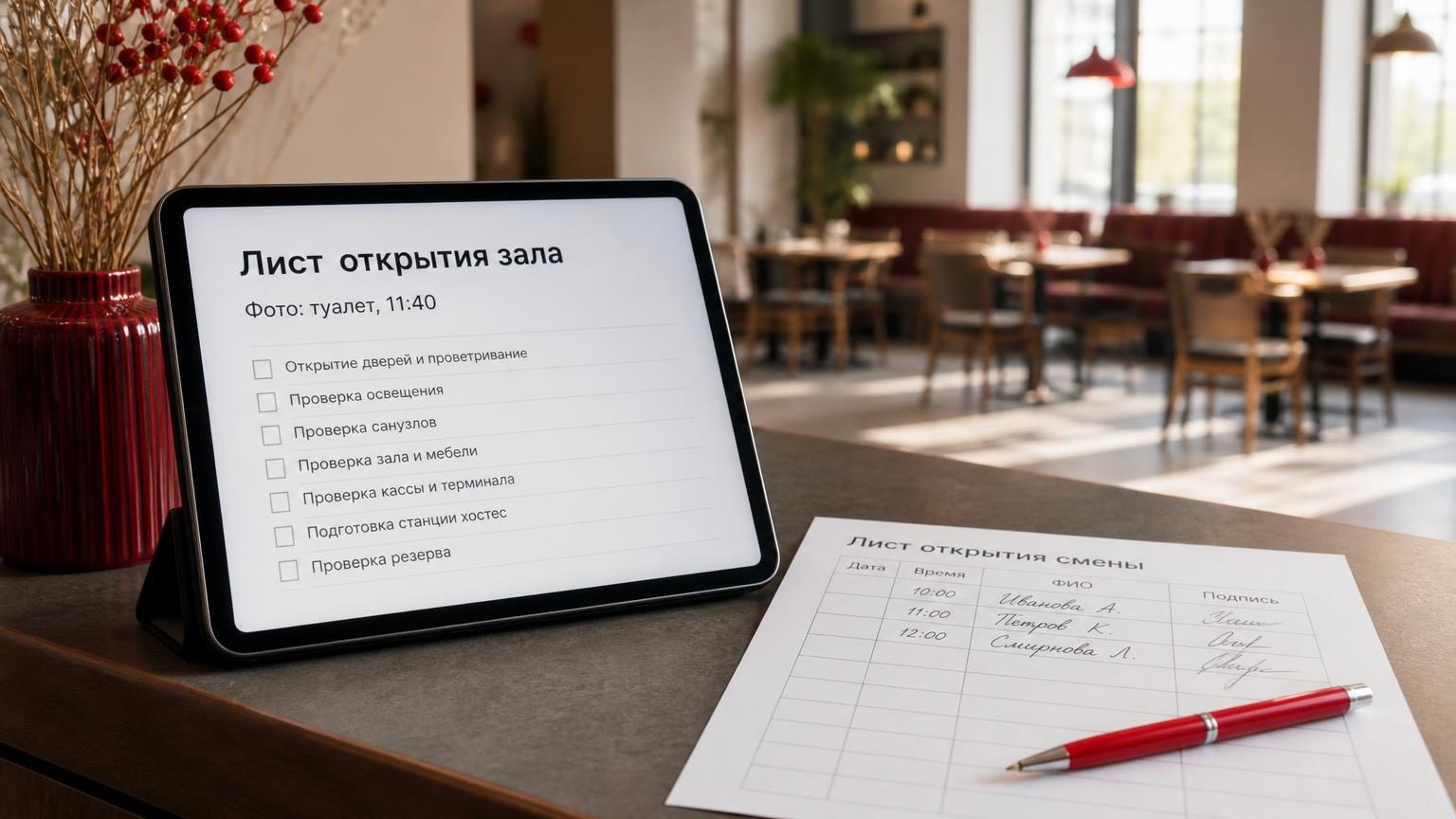 Стойка хостес крупным планом: планшет с открытым чек-листом смены, рядом распечатанный лист с подписями и ручка. На экране планшета заголовок «Лист открытия зала», ниже строка «…