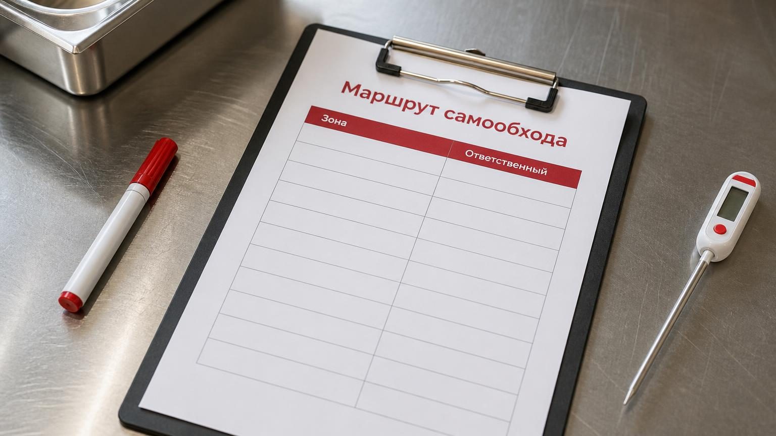 Кухонный стол из нержавейки, на нём планшет-планшетка с распечатанным обходным листом, маркер и термометр-щуп. Крупность — сверху, деловой кадр без людей. Надписи: заголовок лис…