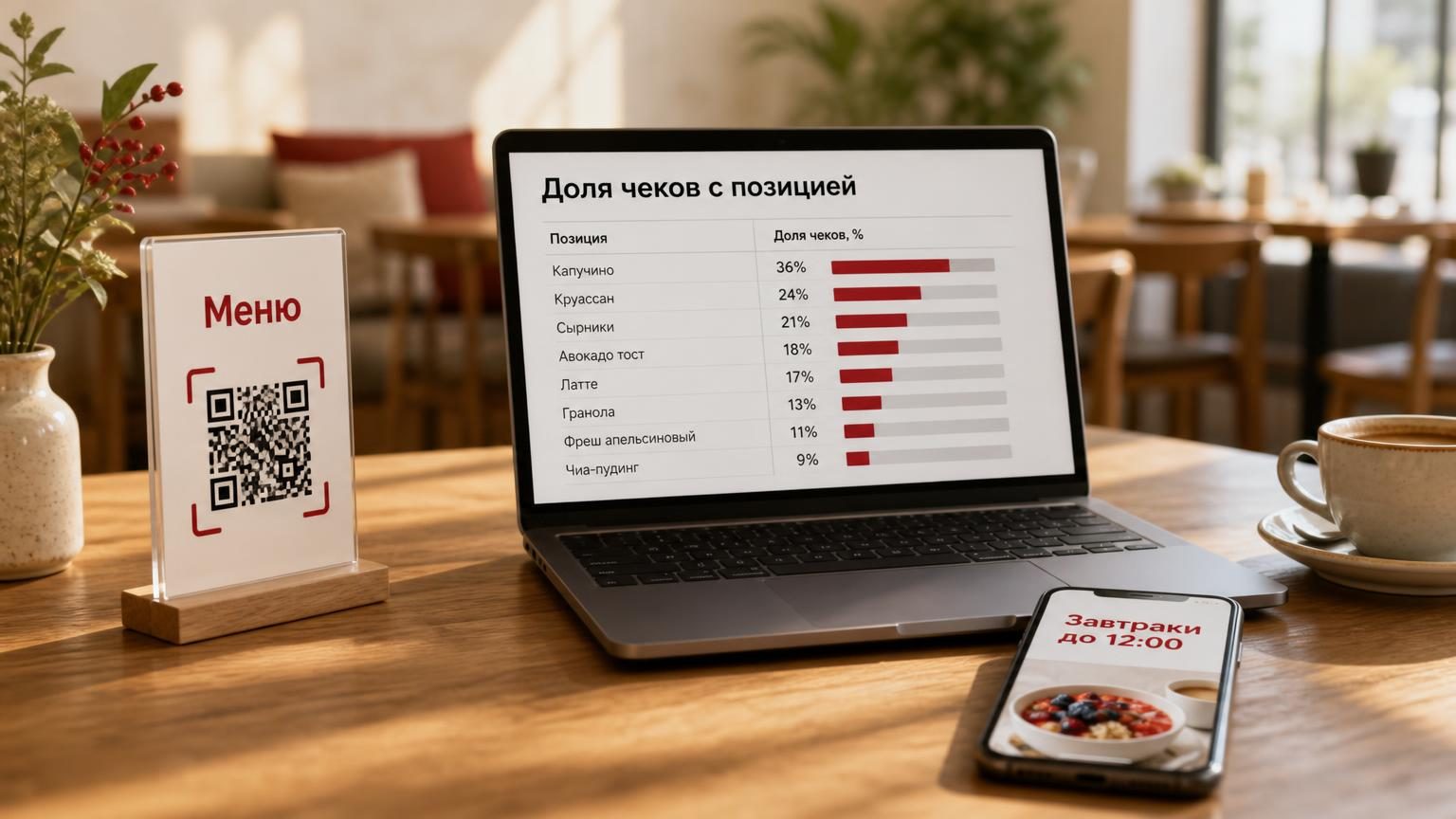 Стол в кафе: подставка с QR-кодом, рядом ноутбук с открытой таблицей позиций и телефон с меню. Крупность — средняя, утренний свет. Иллюстрирует связку «зал — цифры». Надписи: на…