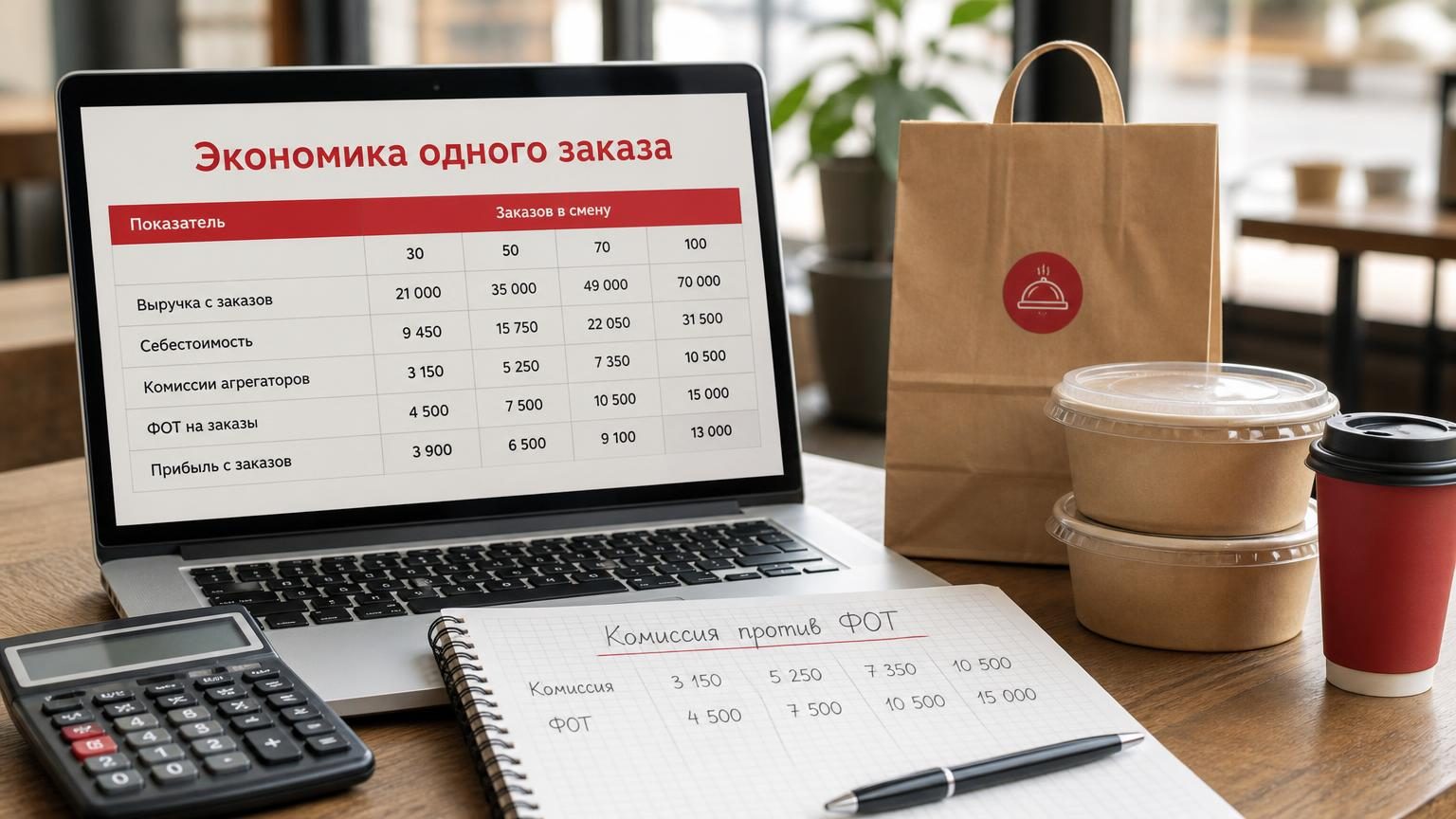 Рабочий стол управляющего кафе: ноутбук с таблицей заказов, рядом крафт-пакет и контейнеры, калькулятор, блокнот с расчётами. Надписи: заголовок на экране «Экономика одного зака…