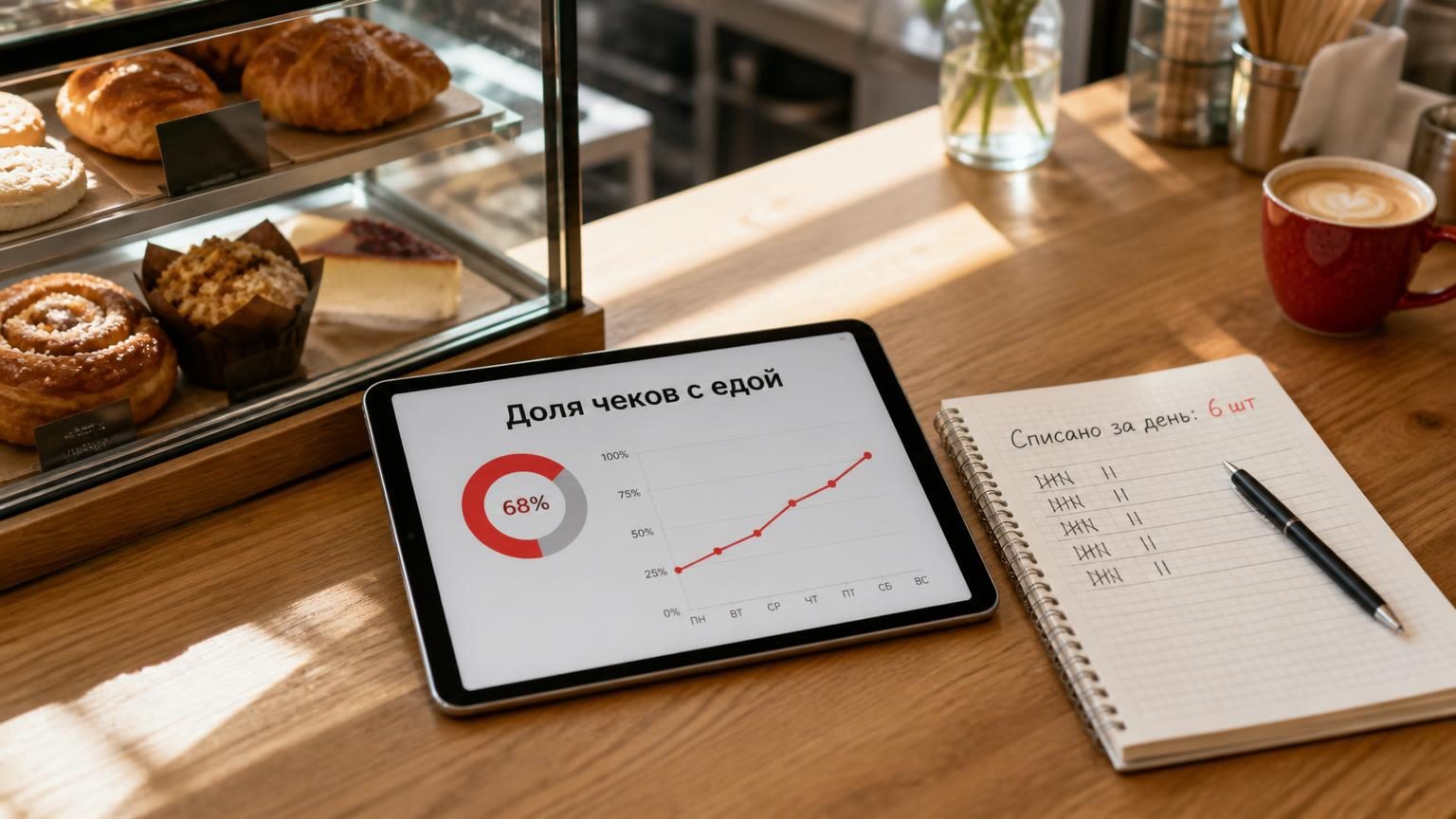 Барная стойка кофейни сверху: стеклянная витрина с выпечкой, рядом планшет с таблицей продаж и блокнот с подсчётом списаний. Утренний свет, рабочая обстановка без постановки. На…