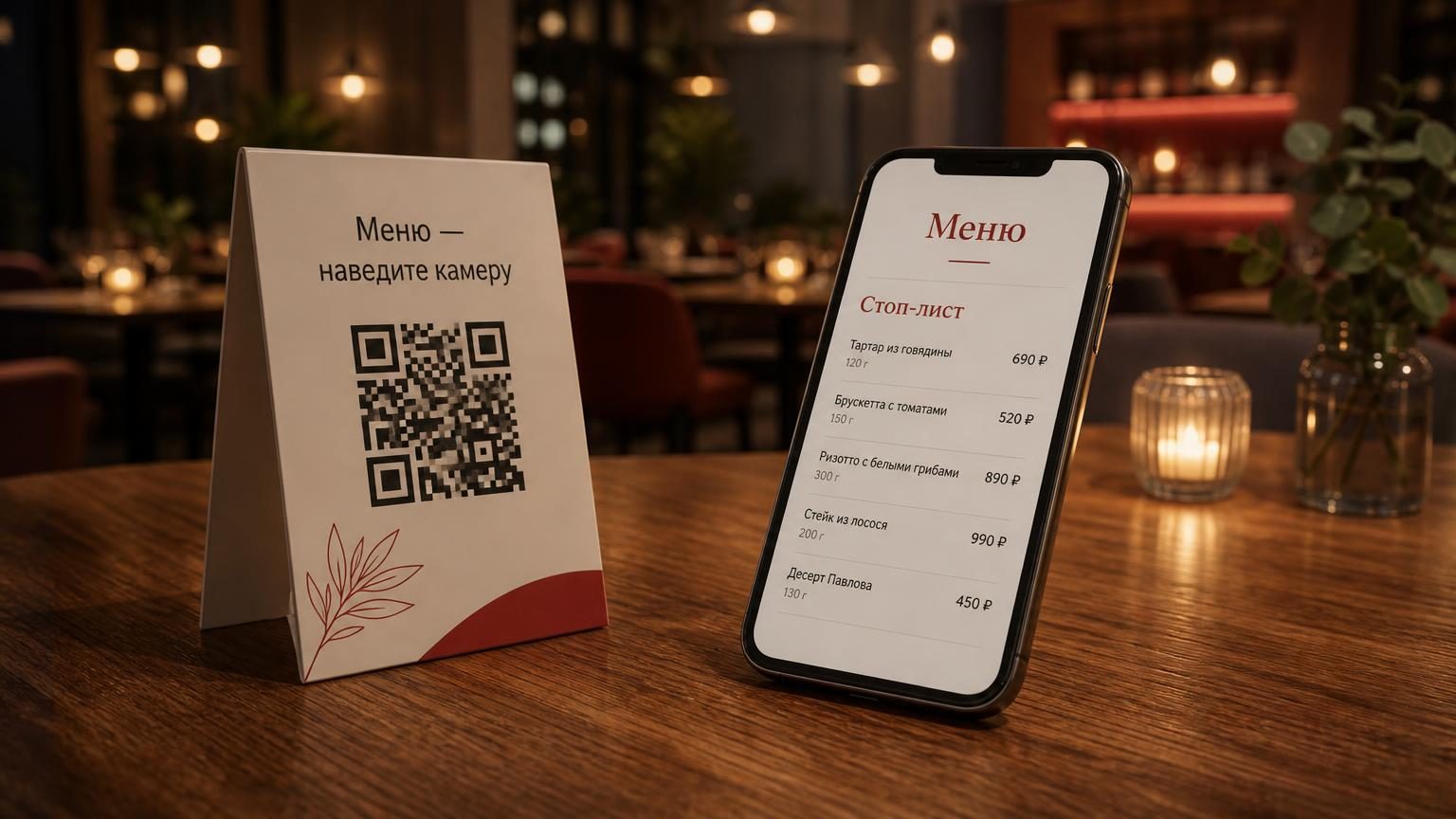 Стол в зале: тейбл-тент с QR-кодом, рядом телефон с открытой страницей меню, на экране список позиций с ценами и весом. Крупность — средняя, свет тёплый, вечерний. Надписи: на т…