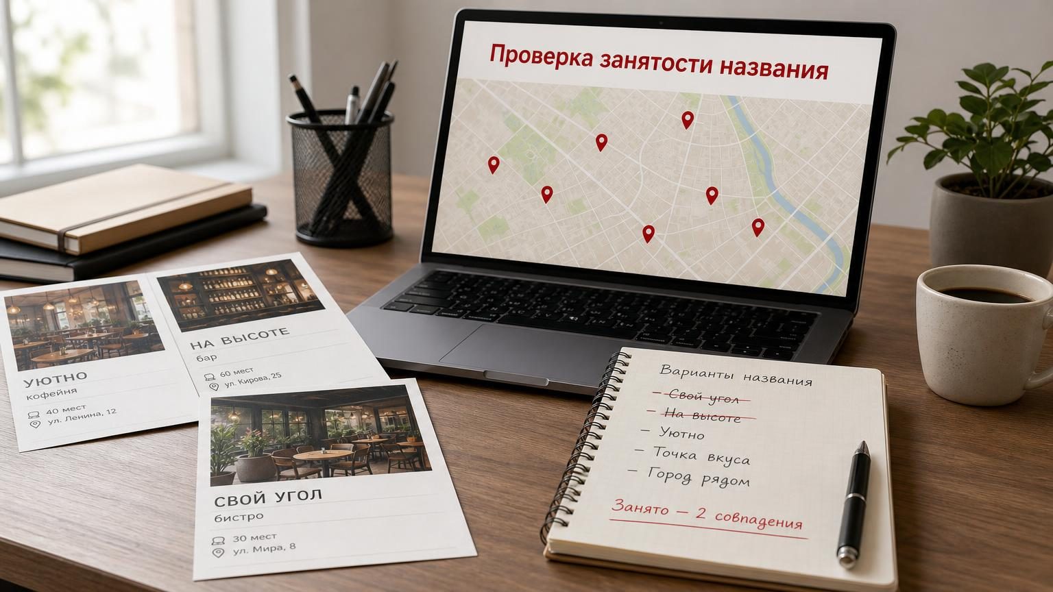 Рабочий стол управляющего: распечатки карточек заведения, ноутбук с открытой картой города и булавками точек, рядом блокнот со списком вариантов названия, часть зачёркнута. Надп…