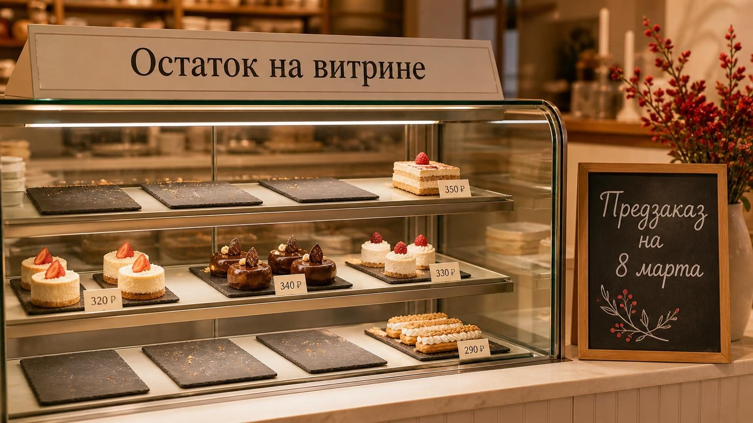Витрина кондитерской за час до закрытия: часть подложек пустая, на оставшихся пирожных ценники, рядом грифельная табличка. Крупность — средний план, свет тёплый, настроение рабо…