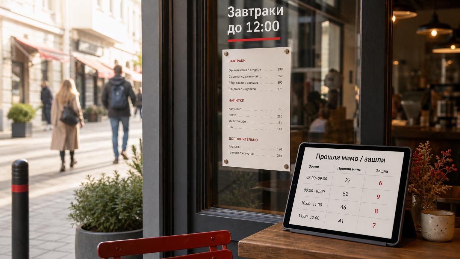 Вид от входа в небольшое кафе на улицу: стеклянная витрина, на ней читаемое меню, рядом планшет с таблицей подсчёта прохожих. Крупность — средний план, утренний свет, рабочее на…