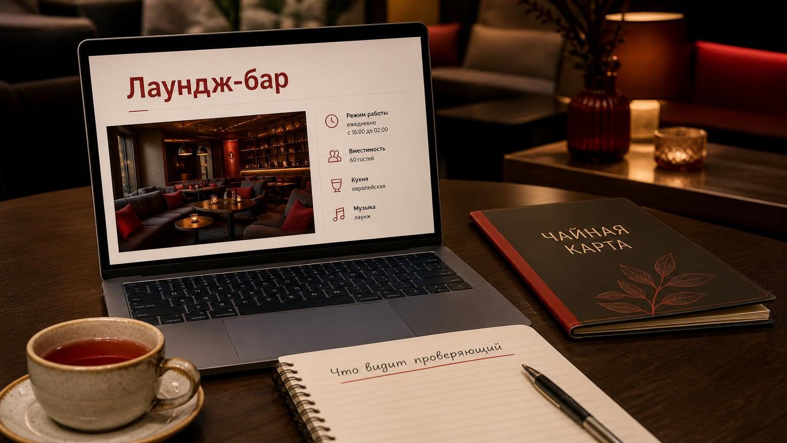 Рабочий стол управляющего лаунж-баром: ноутбук с открытой карточкой заведения, рядом чайная карта и блокнот. Тёплый приглушённый свет, в кадре нет дыма и кальянов. Надписи: заго…