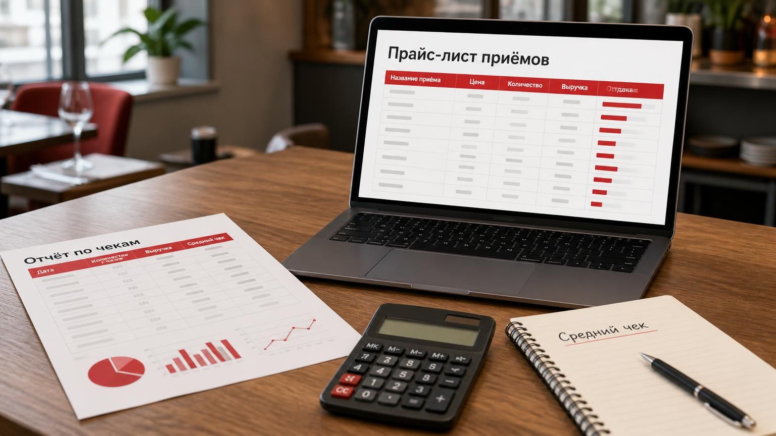 Рабочий стол управляющего ресторана: распечатка отчёта по чекам, ноутбук с таблицей приёмов, калькулятор и блокнот. Надписи: заголовок на экране «Прайс-лист приёмов», в блокноте…