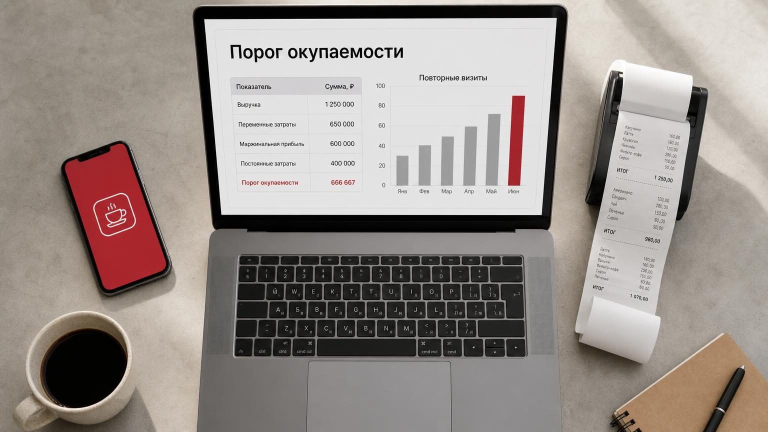 Стол управляющего кофейни: ноутбук с таблицей расчёта, рядом смартфон с иконкой приложения заведения и чековая лента. Крупность — сверху, по-деловому, без постановочного уюта. Н…