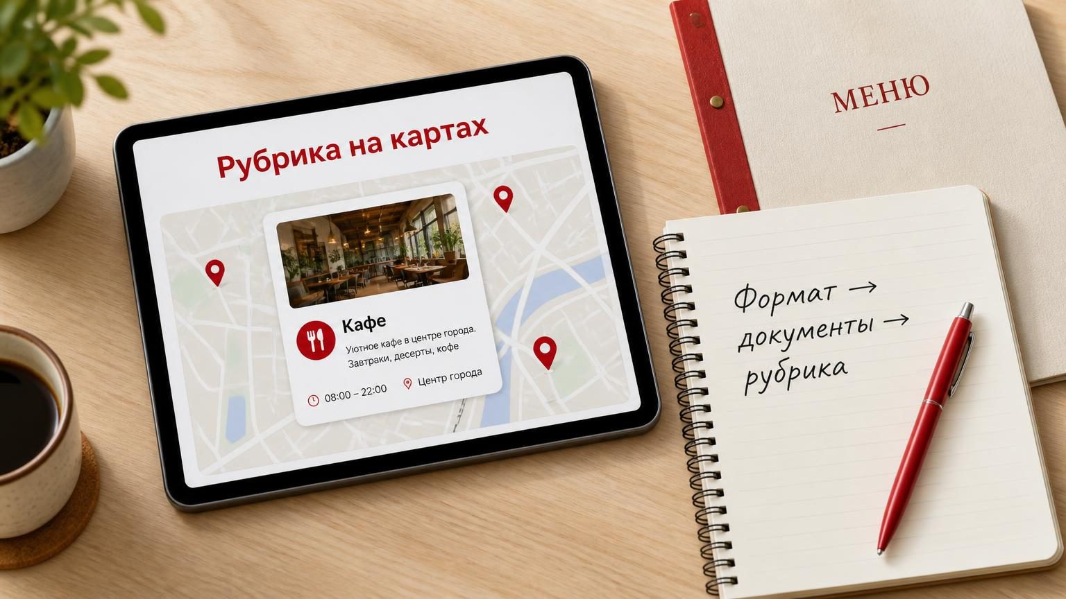 Рабочий стол управляющего сверху: планшет с карточкой заведения на карте, рядом тетрадь и меню. Надписи: заголовок на экране «Рубрика на картах», строка в тетради «Формат → доку…