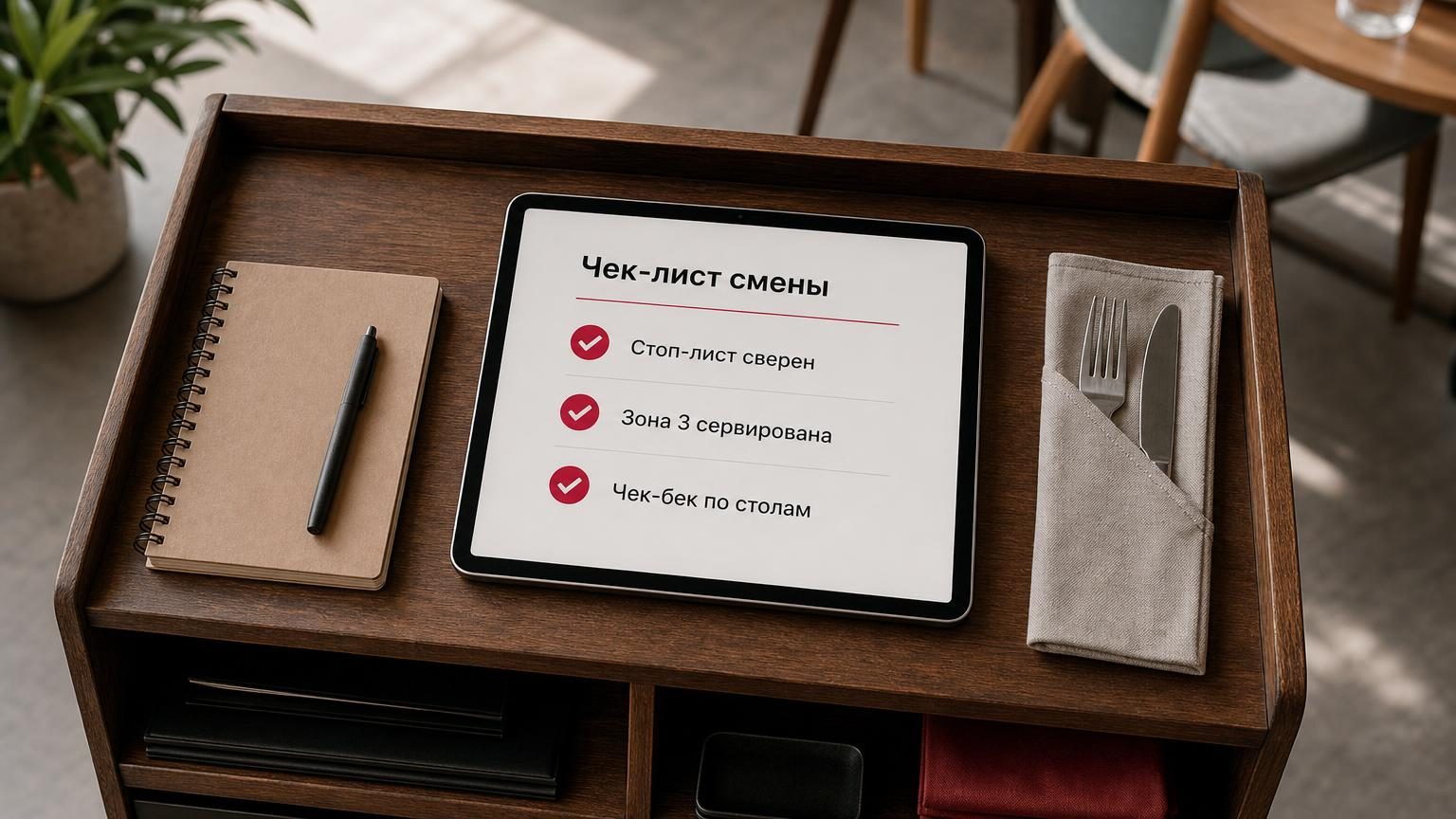 Планшет на станции официанта в зале кафе, на экране открыт лист проверки смены с галочками, рядом блокнот и приборы в салфетке. Крупность — средняя, сверху. Надписи: заголовок н…