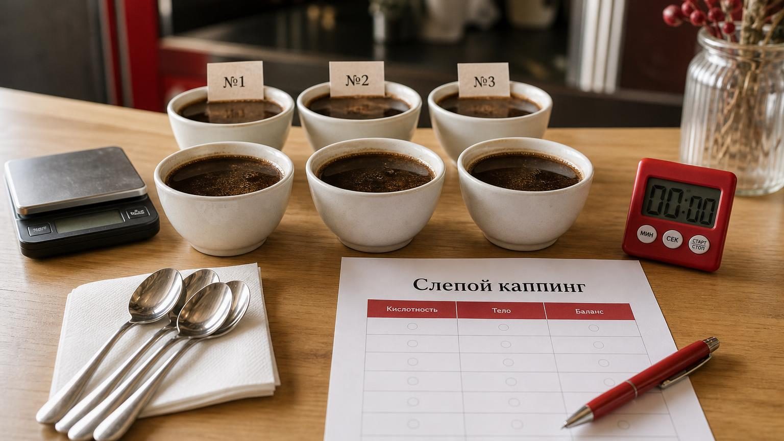 Каппинг-стол в кофейне крупным планом: шесть чаш с кофе, ложки на салфетке, весы, таймер, рядом листы оценки. На образцах бумажные бирки с кодами. Надписи: на листе заголовок «С…