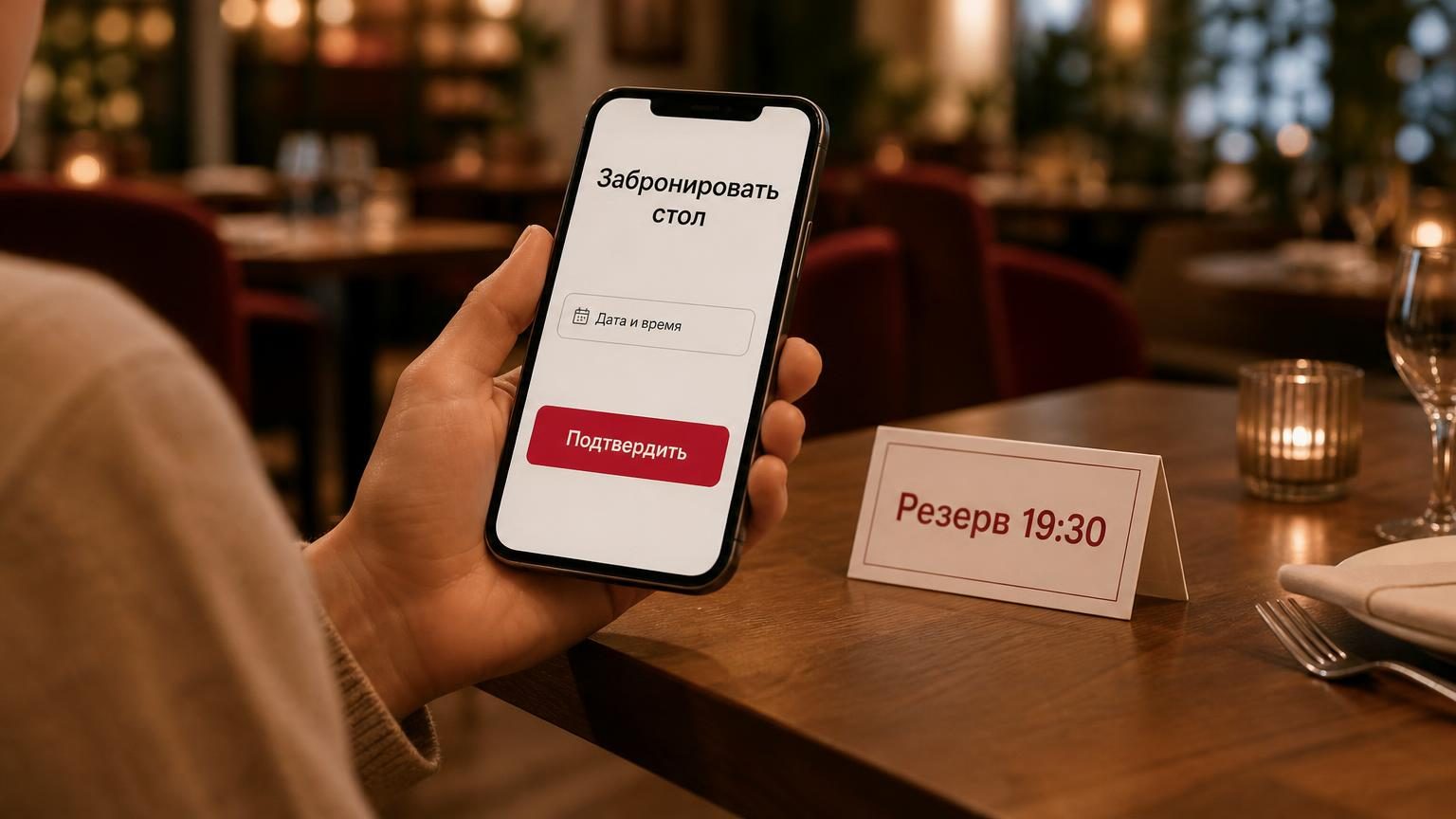 Рука держит смартфон над столом с резервной табличкой, на экране — форма брони с одним полем и крупной кнопкой. Крупность: кадр по пояс, тёплый свет зала на фоне.