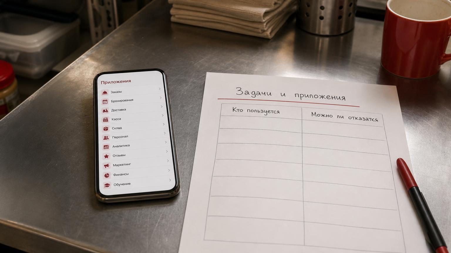 Стол управляющего в подсобке кафе: телефон с открытым списком приложений, рядом распечатанный лист от руки. Надписи: заголовок на листе «Задачи и приложения», колонки «Кто польз…