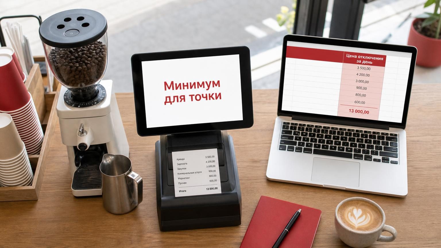 Барная стойка кофейни to-go сверху: кофемолка, питчер, кассовый терминал с чеком, рядом ноутбук с открытой таблицей бюджета. Крупность — средняя, свет дневной. Надписи: заголово…
