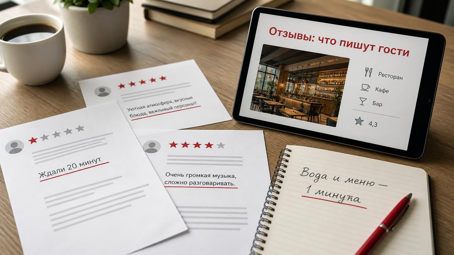 Крупный кадр: стол управляющего, распечатанные отзывы с подчёркнутыми фразами, рядом планшет с карточкой заведения. Надписи: заголовок на экране «Отзывы: что пишут гости», подчё…