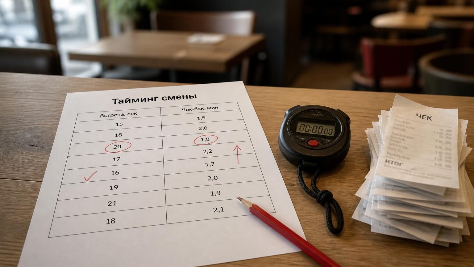 Рабочий стол управляющего в зале после закрытия: распечатанная таблица тайминга с отметками карандашом, секундомер, стопка чеков. Надписи: заголовок таблицы «Тайминг смены», под…