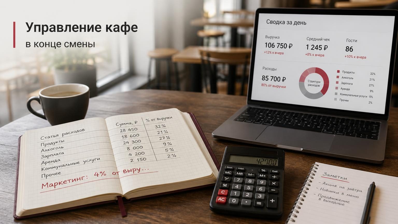 Стол управляющего кафе в конце смены: раскрытая тетрадь с рукописной таблицей расходов, калькулятор, ноутбук с открытой сводкой. Надписи: в тетради строка «Маркетинг: 4% от выру…