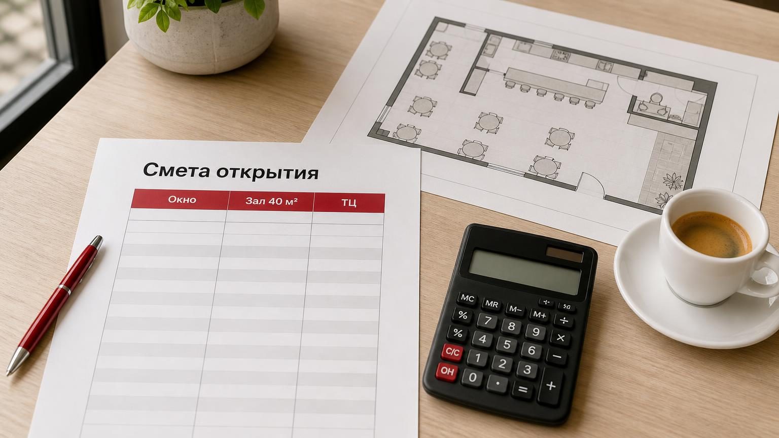 Стол владельца перед открытием: распечатанная смета с колонками, калькулятор, чашка эспрессо, рядом планировка помещения. На листе видна шапка таблицы. Надписи: заголовок «Смета…