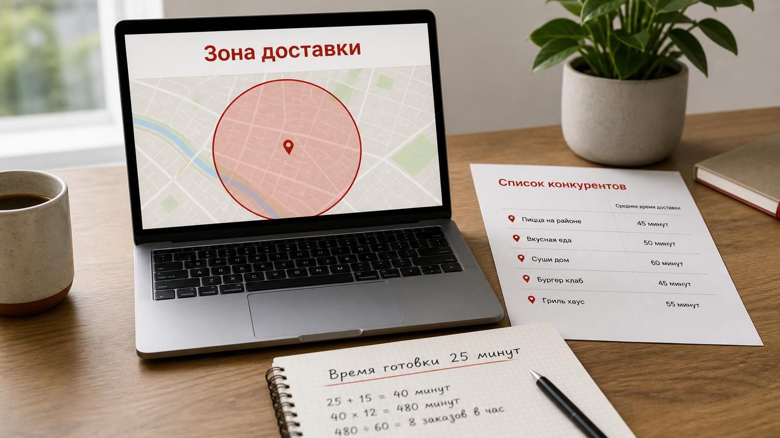Рабочий стол будущего владельца доставки: ноутбук с картой города и обведённым маркером кругом зоны доставки, рядом распечатка со списком конкурентов, блокнот с расчётами. Надпи…