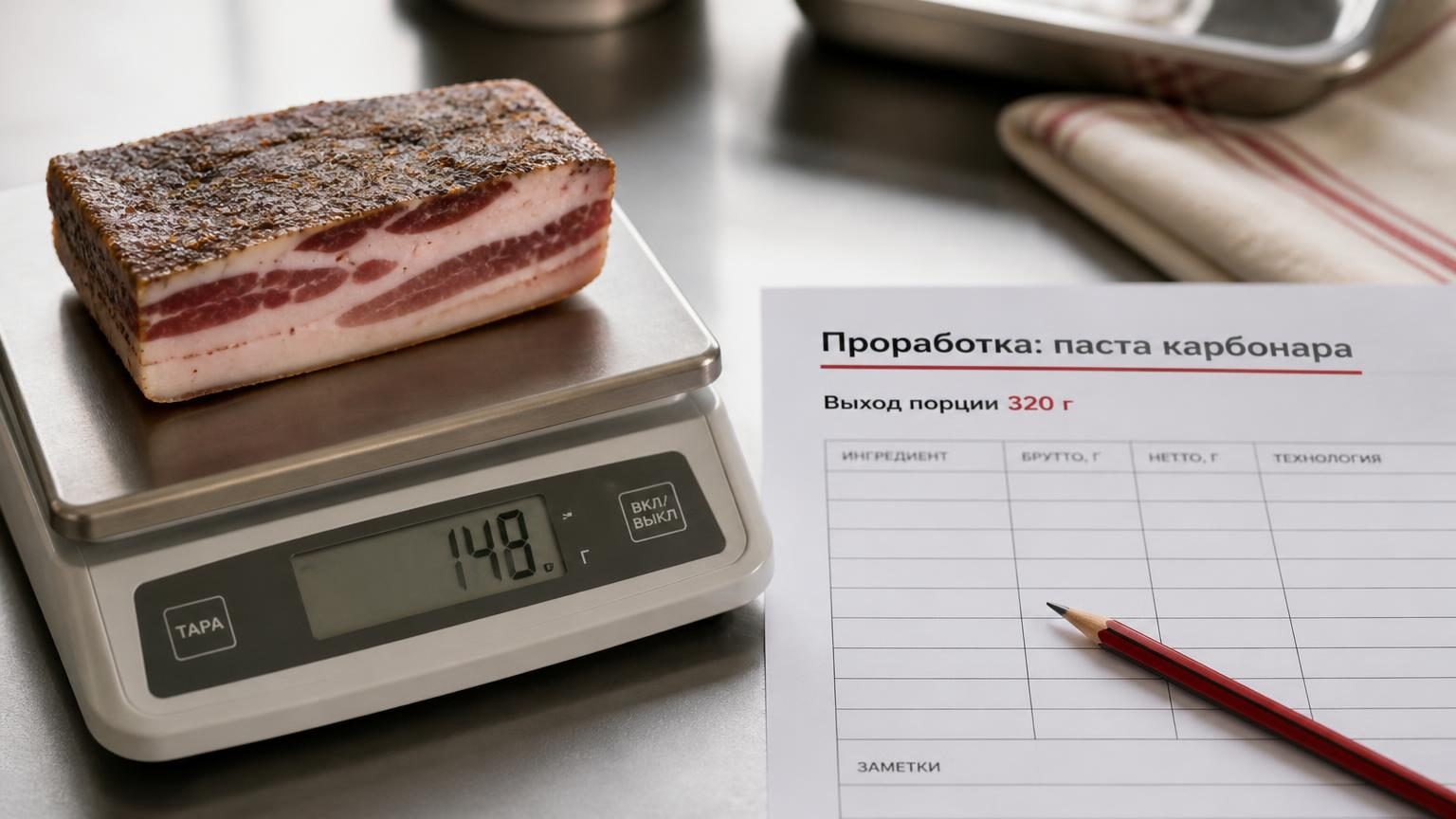 Кухонные весы крупным планом, на платформе кусок гуанчиале, рядом распечатанный бланк и карандаш. Рабочая, не глянцевая сцена. Надписи: заголовок бланка «Проработка: паста карбо…