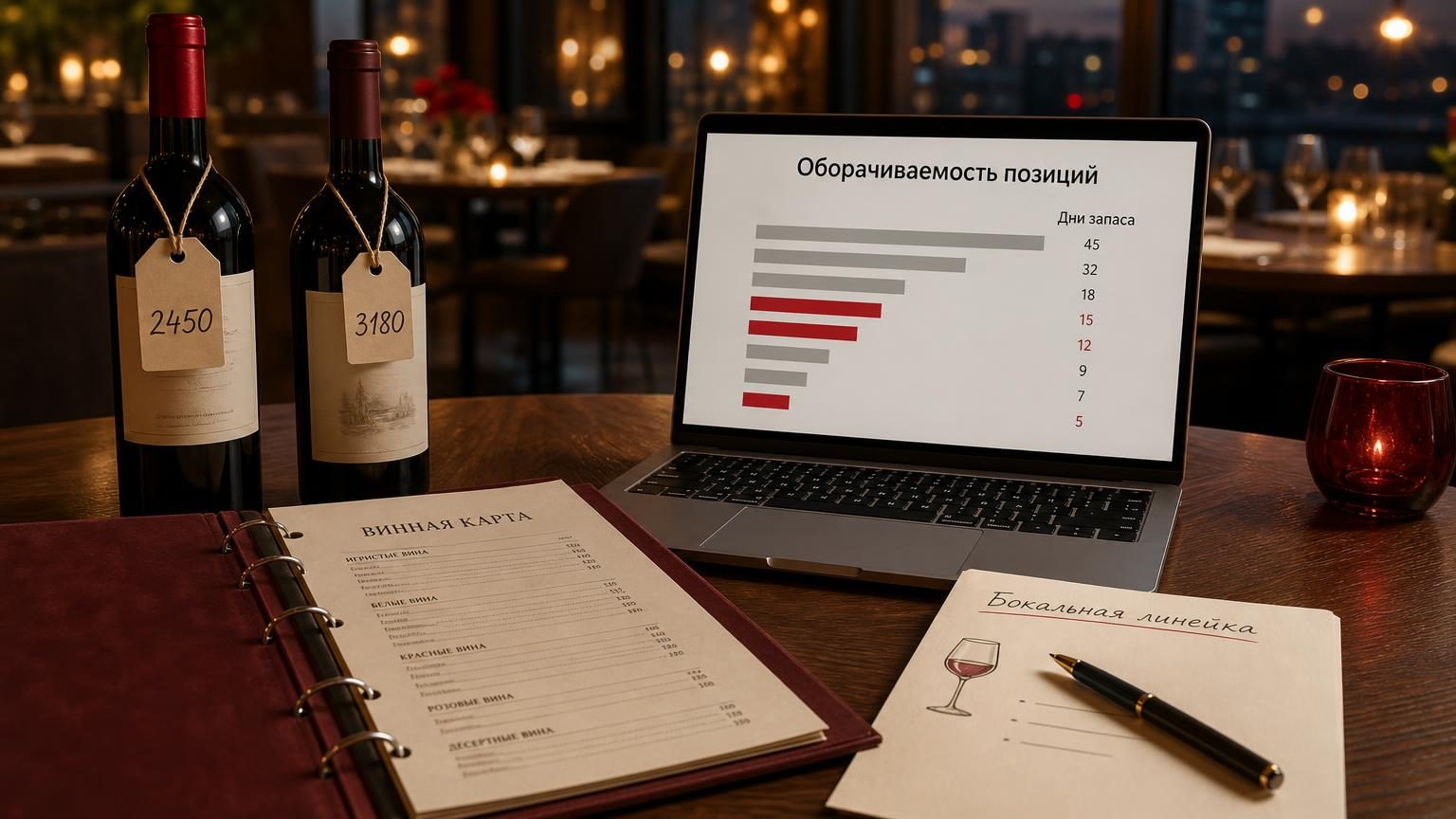 Стол управляющего в ресторане: раскрытая папка винной карты, две бутылки с ценниками, ноутбук с таблицей продаж по позициям. Крупность — средняя, вечерний свет зала на фоне. Над…