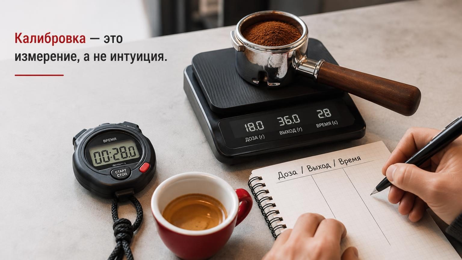 Крупный план: портафильтр на весах, на дисплее цифры, рядом секундомер и чашка эспрессо. Руки бариста записывают результат в тетрадь.