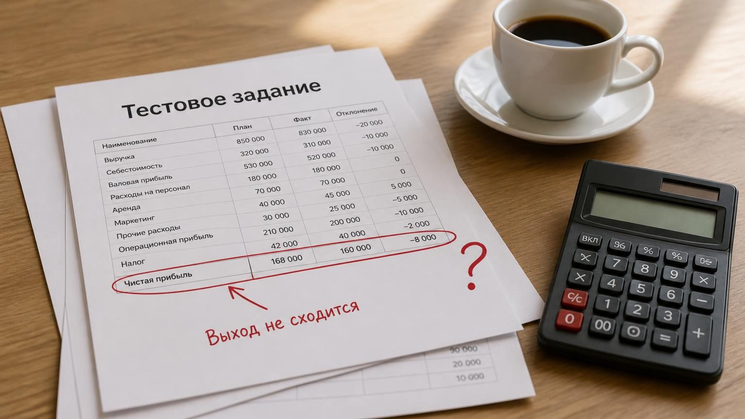Крупный план: два листа тестового задания на столе переговорной, на верхнем от руки обведена строка с ошибкой и поставлен вопросительный знак, рядом калькулятор и чашка кофе. На…