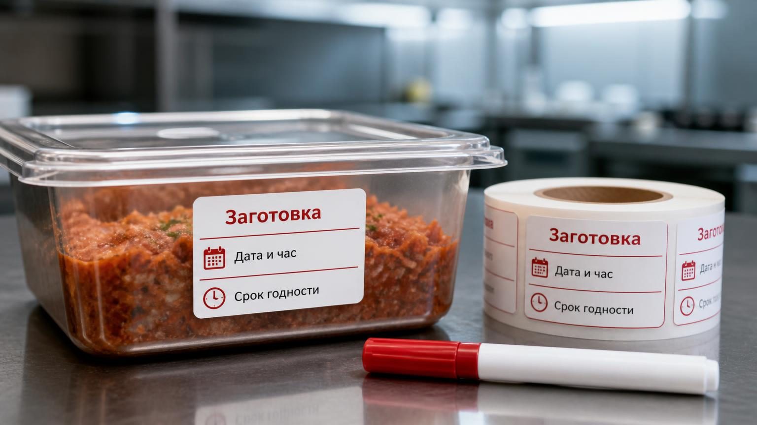 Крупный план гастроёмкости с прозрачной крышкой и наклеенным ярлыком, рядом рулон стикеров и маркер. Холодная подсветка цеха. Надписи на ярлыке: «Заготовка», «Дата и час», «Срок…