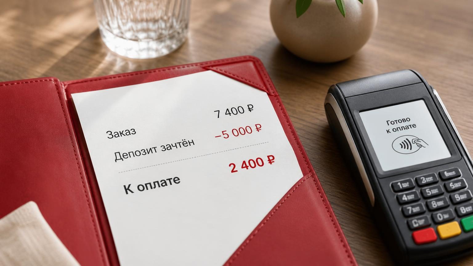 Крупно: счёт в папке на столе, в нём читаемые строки «Заказ 7 400 ₽», «Депозит зачтён −5 000 ₽», «К оплате 2 400 ₽». Рядом терминал.