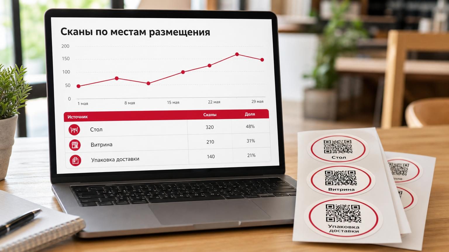 Экран ноутбука на служебном столе рядом с распечатанными наклейками QR: на мониторе — простой график переходов и таблица источников. Надписи: заголовок на экране «Сканы по места…