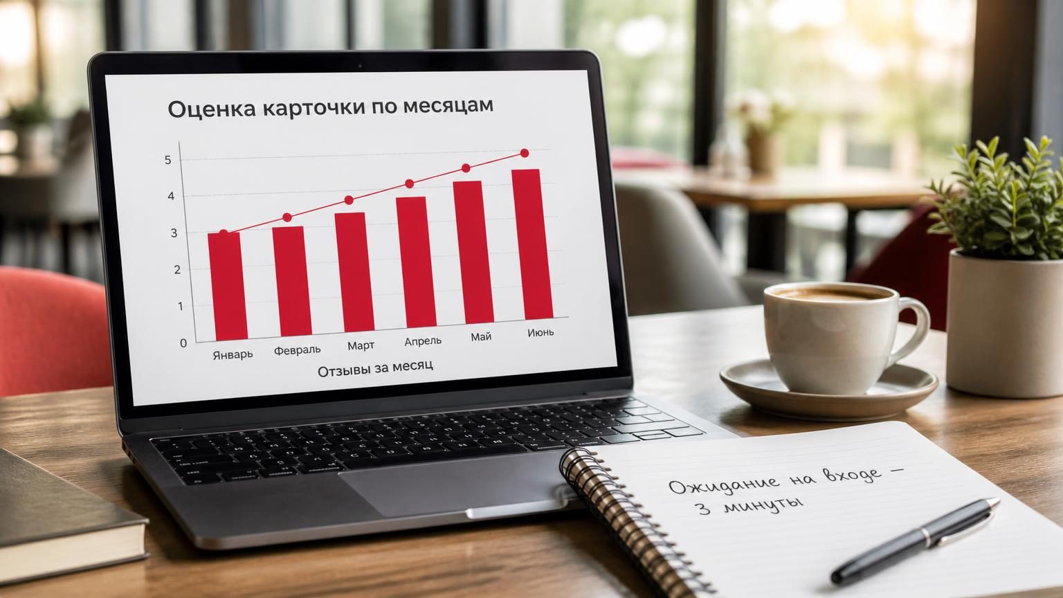 Экран ноутбука на служебном столе, открыта таблица оценок карточки заведения по месяцам, рядом блокнот с рукописной строкой.