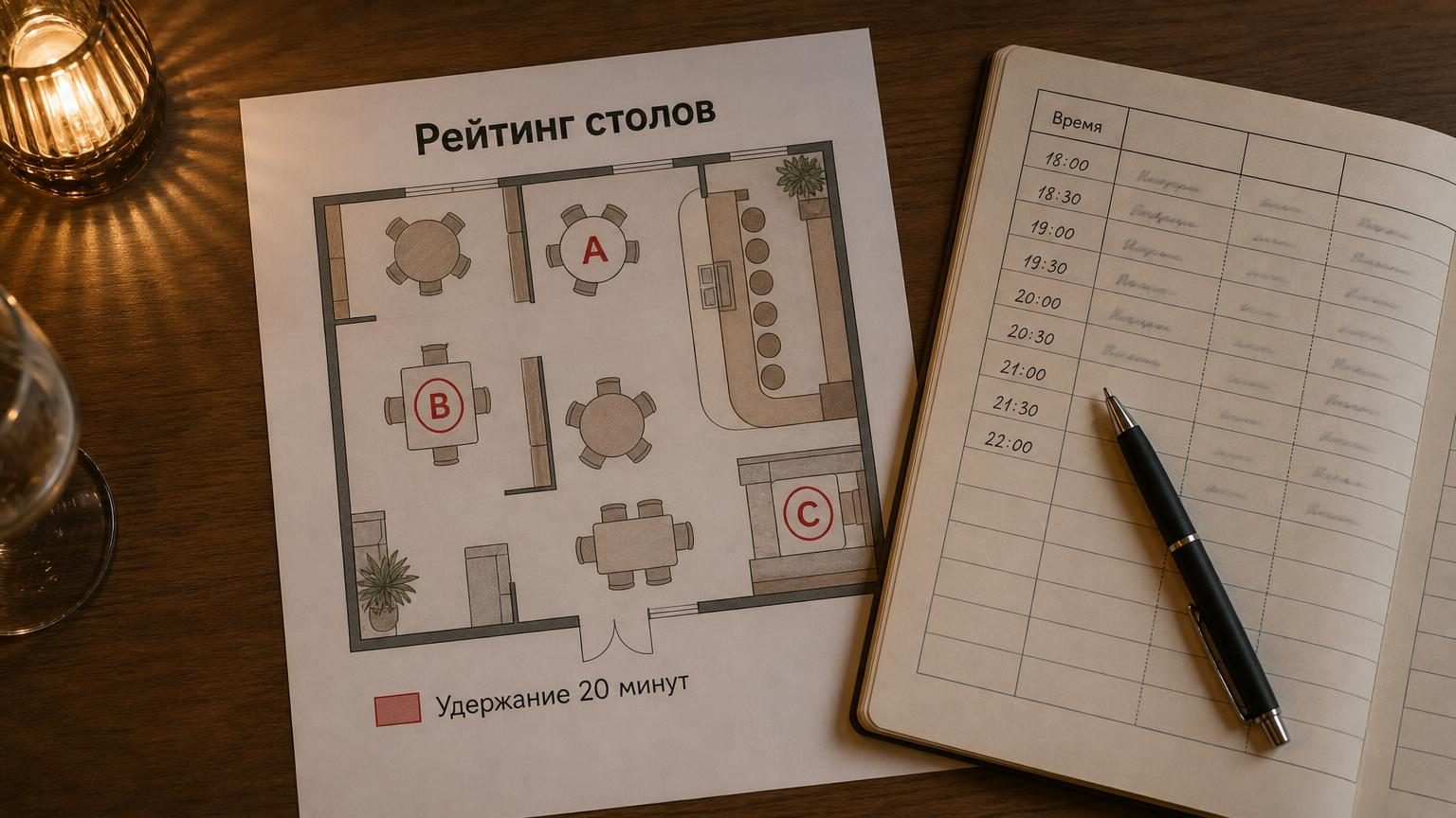 Распечатанный план зала на стойке, столы помечены маркером буквами A, B, C, рядом лежит ручка и бумажный журнал броней. Вид сверху, вечерний свет. Надписи: заголовок на плане «Р…
