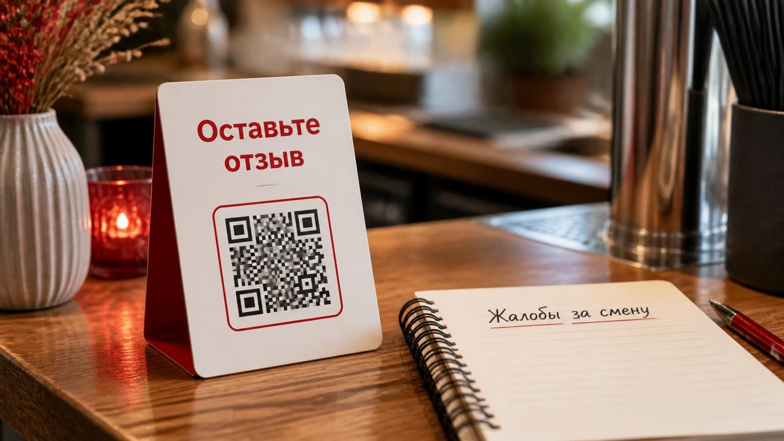 Крупный план стойки: маленькая настольная табличка с QR-кодом и надписью «Оставьте отзыв», рядом блокнот с рукописной строкой «Жалобы за смену». Тёплый свет, кадр без людей, акц…