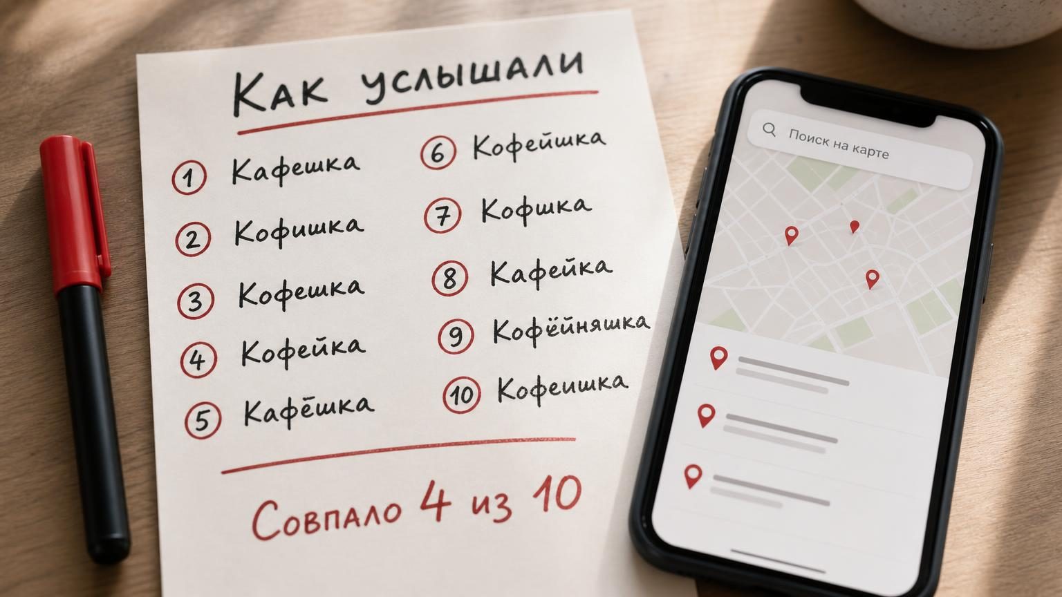 Крупный план: лист с десятью рукописными вариантами написания одного названия, собранными у разных людей, рядом маркер и телефон с открытым поиском по картам. Надписи: заголовок…