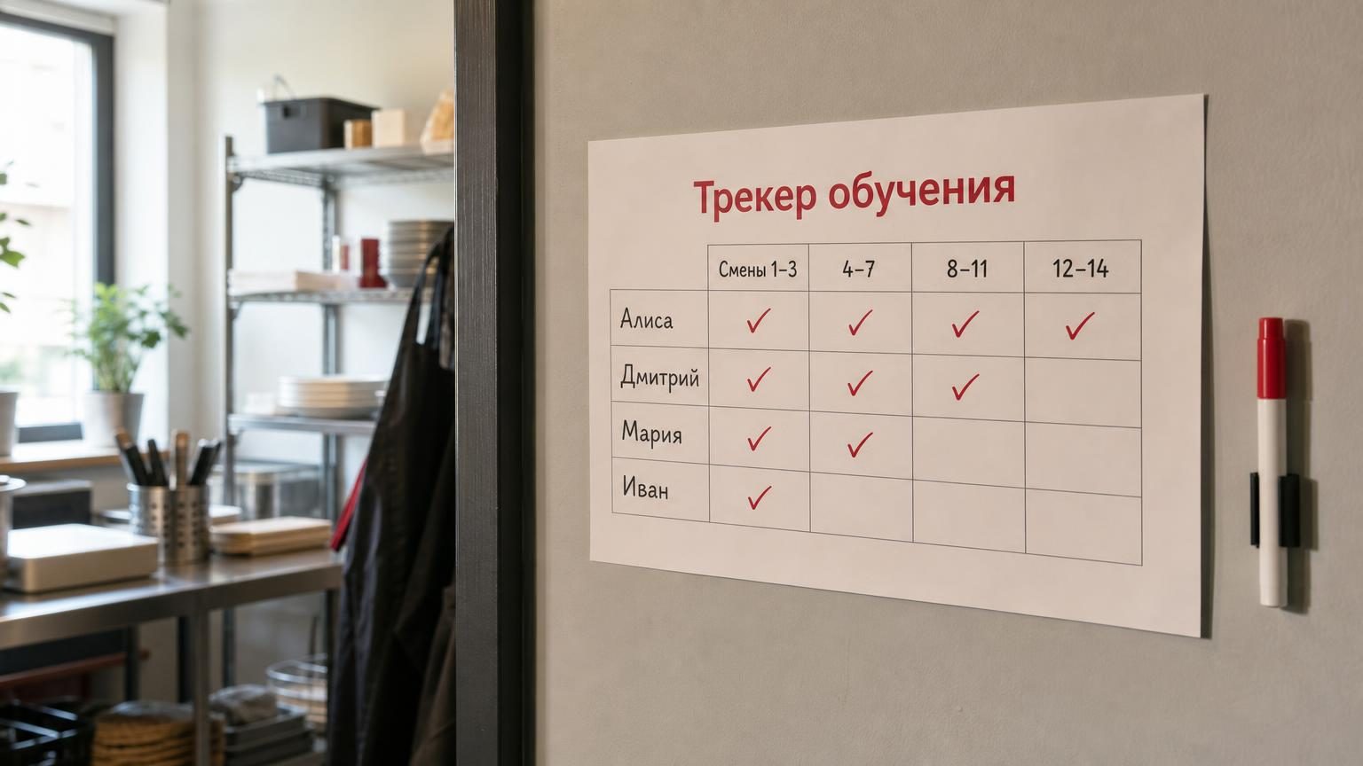 Подсобка перед сменой: на стене лист-трекер обучения, напротив имени стажёра проставлены галочки, рядом маркер. Крупность — средний план, естественный свет. Надписи: заголовок «…