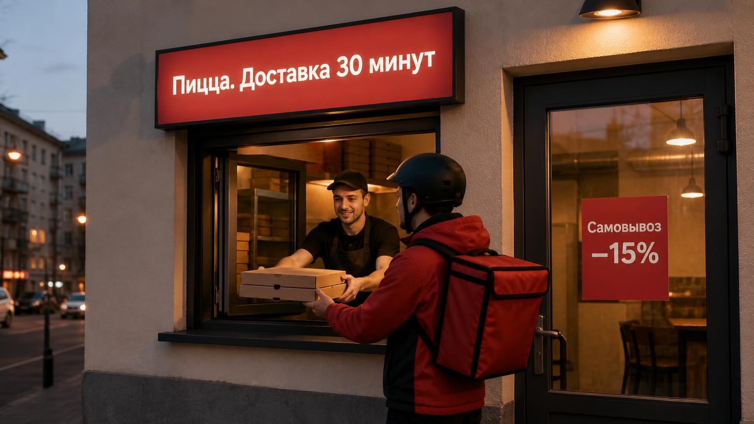 Небольшая пиццерия в городе на 60 тысяч: окно выдачи, курьер забирает две коробки, на двери листовка. Вечерний свет, рабочее настроение без глянца. Надписи: на вывеске «Пицца. Д…