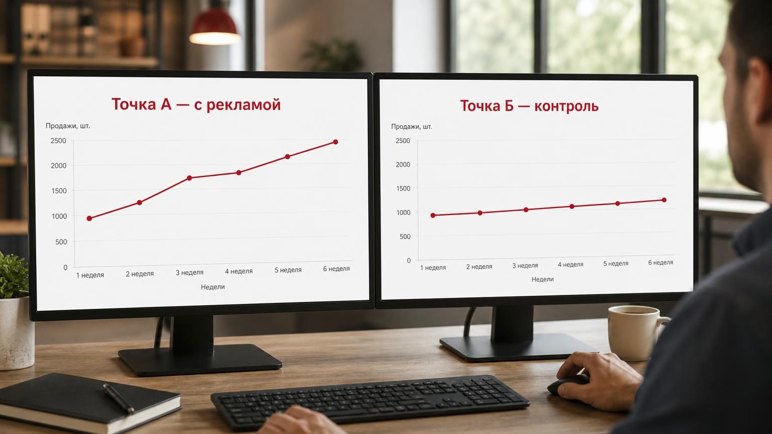 Два монитора рядом на столе управляющего сети, на каждом график продаж по неделям. Надписи: на левом экране «Точка А — с рекламой», на правом «Точка Б — контроль», подпись оси «…