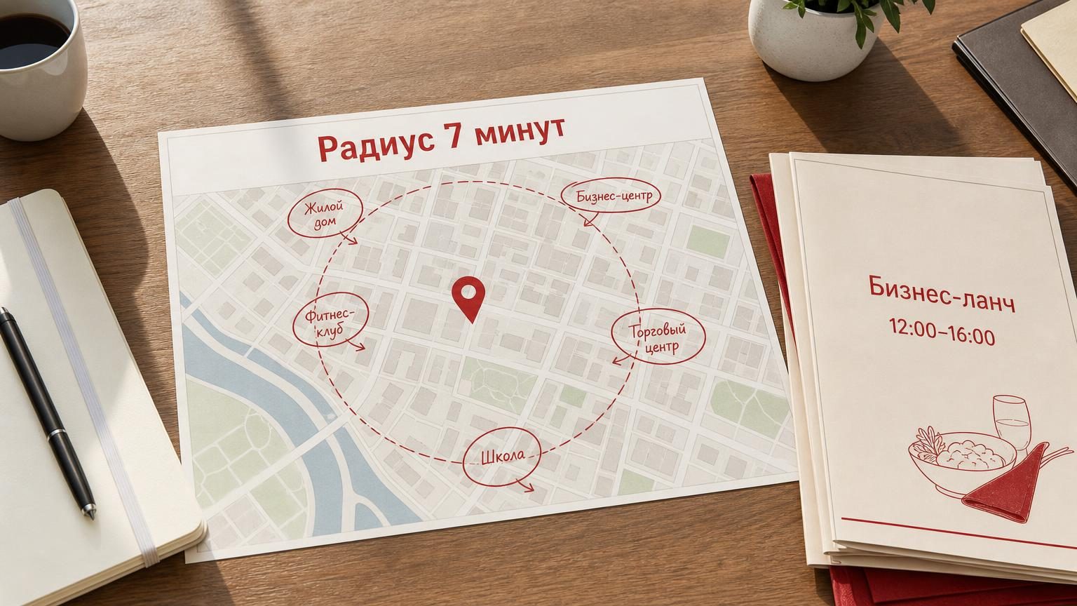 Стол управляющего с распечатанной картой района, на ней отмечены маркером соседние здания и подписаны кружки. Рядом стопка меню бизнес-ланча. Крупность — вид сверху, дневной све…