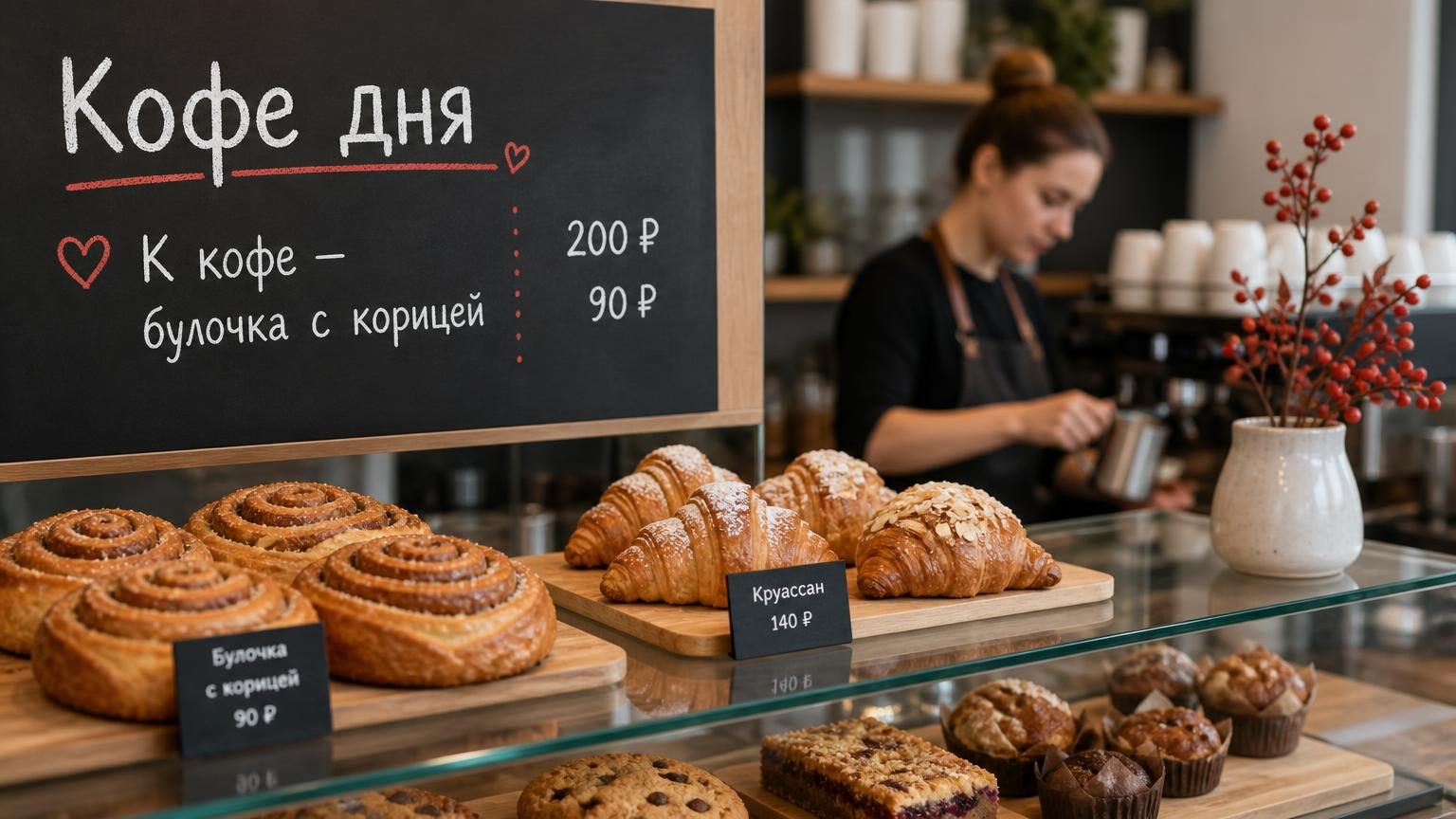 Витрина кофейни с выпечкой крупным планом, за ней бариста готовит напиток, на меловой доске видны цены. Надписи: заголовок на доске «Кофе дня», строка ниже «К кофе — булочка с к…