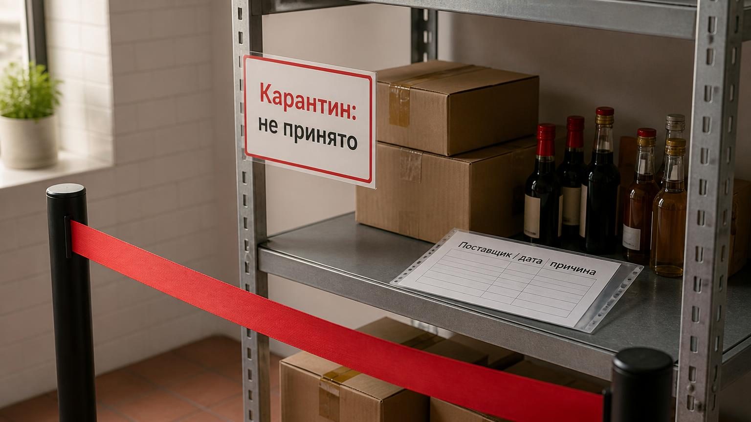 Угол склада заведения: металлический стеллаж, отгороженный красной лентой, на нём несколько коробок и бутылок, на полке лист в файле. Надписи: табличка на стеллаже «Карантин: не…