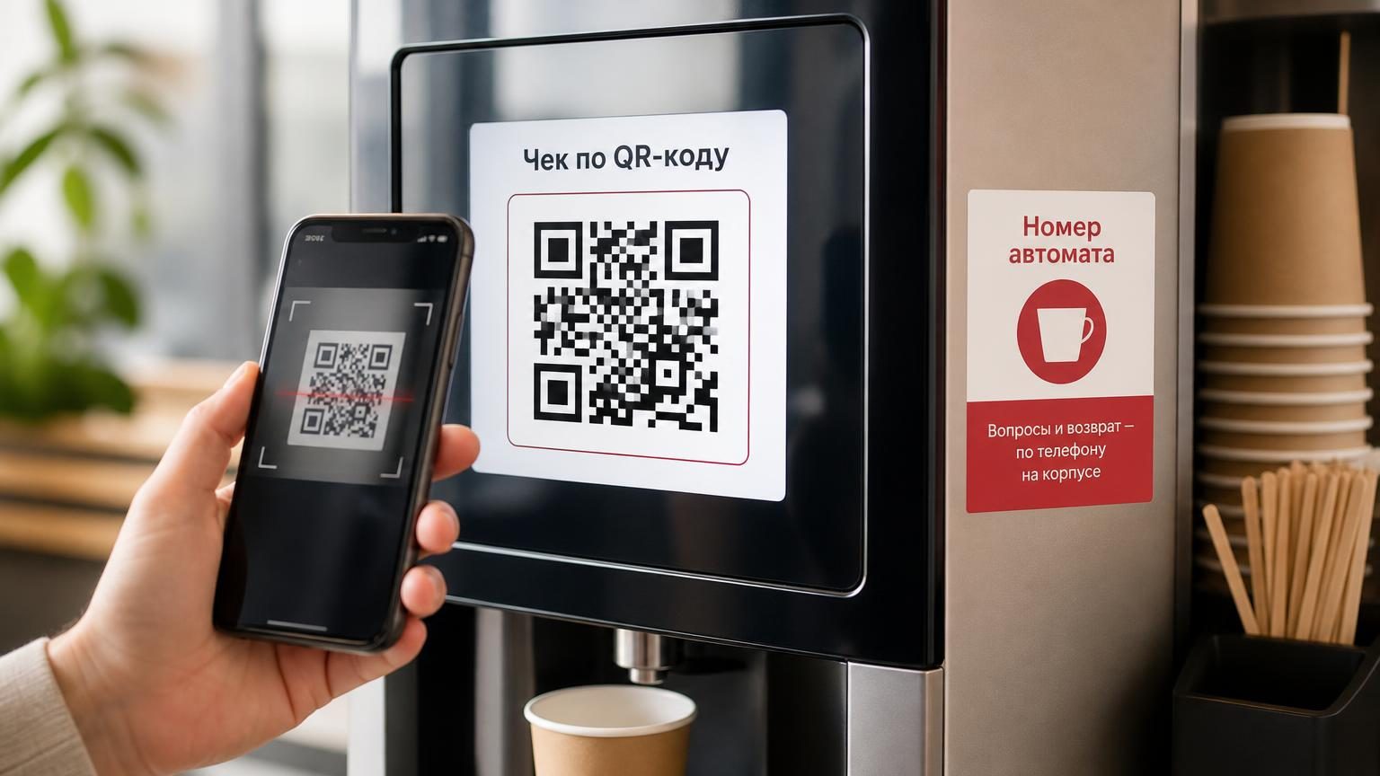 Рука с телефоном наводит камеру на экран кофейного автомата, на экране крупный QR-код. Сбоку на корпусе наклейка. Надписи: на экране «Чек по QR-коду», на наклейке «Номер автомат…
