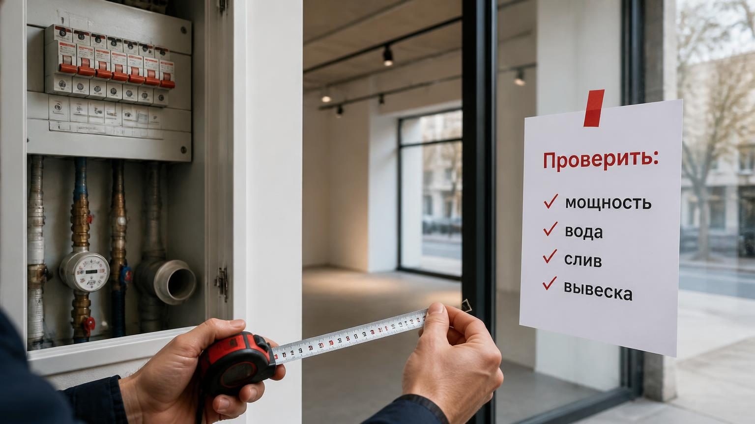 Крупный план распределительного щитка и рулетки в руках будущего арендатора у пустого помещения с витринным окном; на стекле наклеен лист с надписью «Проверить: мощность, вода, …