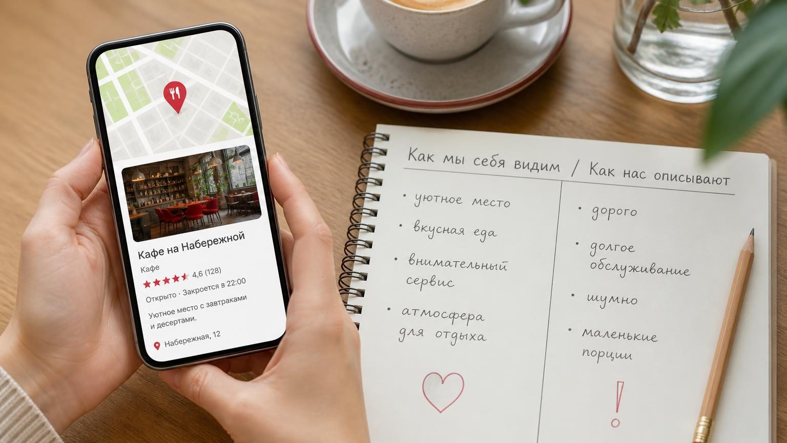 Руки держат телефон с открытой карточкой заведения на карте; рядом на столе блокнот с двумя колонками. Заголовок на странице блокнота: «Как мы себя видим / Как нас описывают». К…