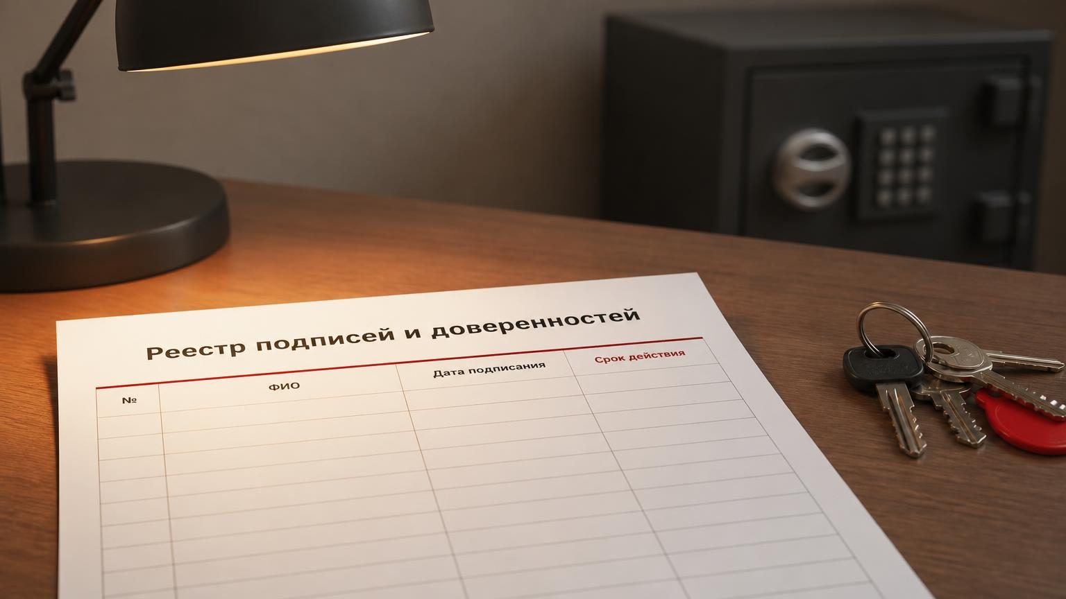 Лист реестра на столе управляющего под лампой, рядом связка ключей и сейф в расфокусе. Настроение — обычная административная рутина, не глянец. Надписи: заголовок на листе «Реес…