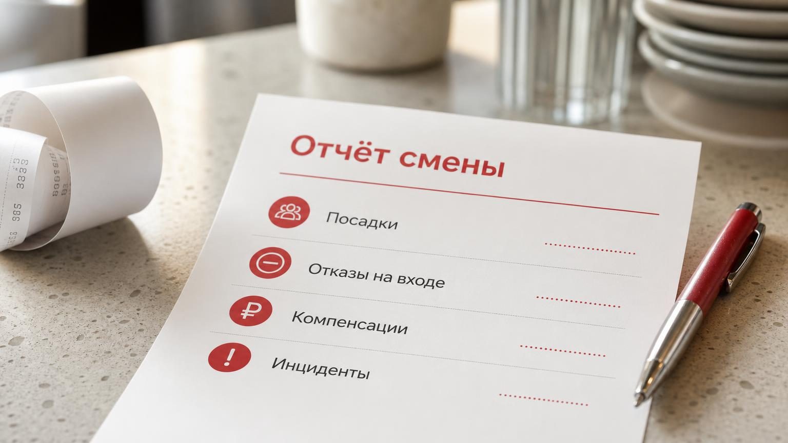 Крупный план распечатанного бланка отчёта смены на стойке, рядом ручка и чековая лента. Надписи: заголовок «Отчёт смены», строки «Посадки», «Отказы на входе», «Компенсации», «Ин…