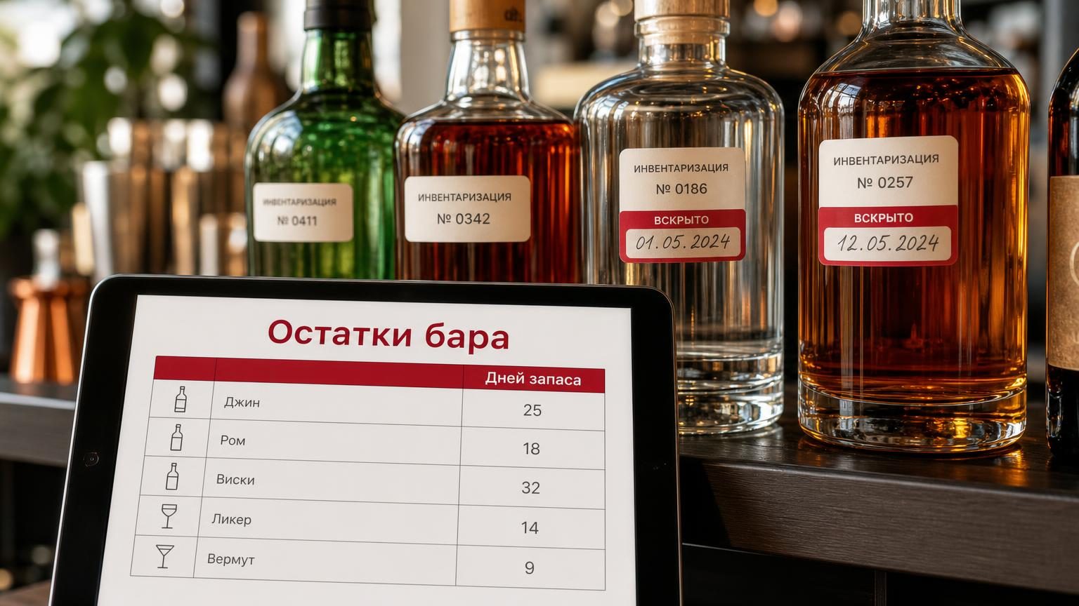 Бэкбар крупным планом, бутылки с наклейками инвентаризации, у двух из них стикеры с датой вскрытия. На переднем плане планшет с таблицей остатков. Надписи: заголовок на экране «…