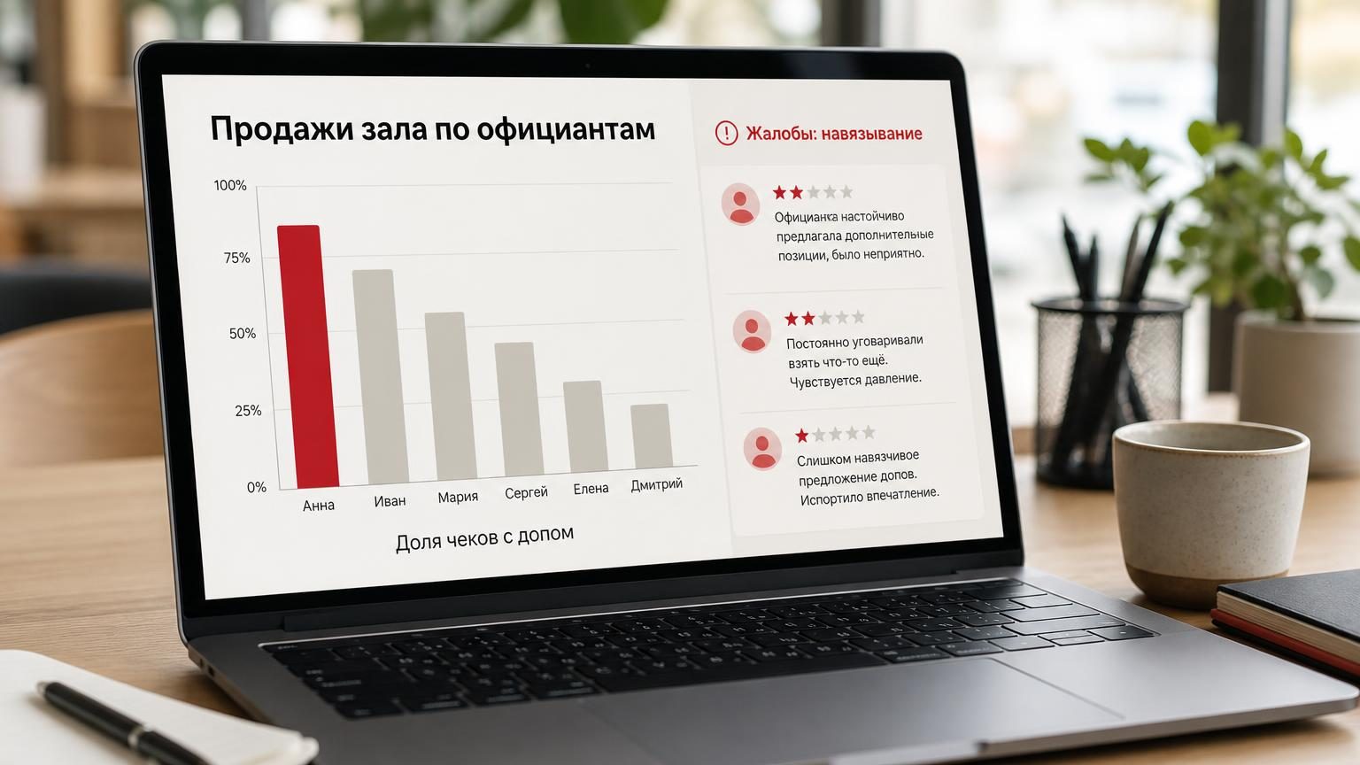 Крупно экран ноутбука на служебном столе, на нём столбиковая диаграмма по сотрудникам и рядом колонка отзывов. Надписи: заголовок «Продажи зала по официантам», подпись оси «Доля…