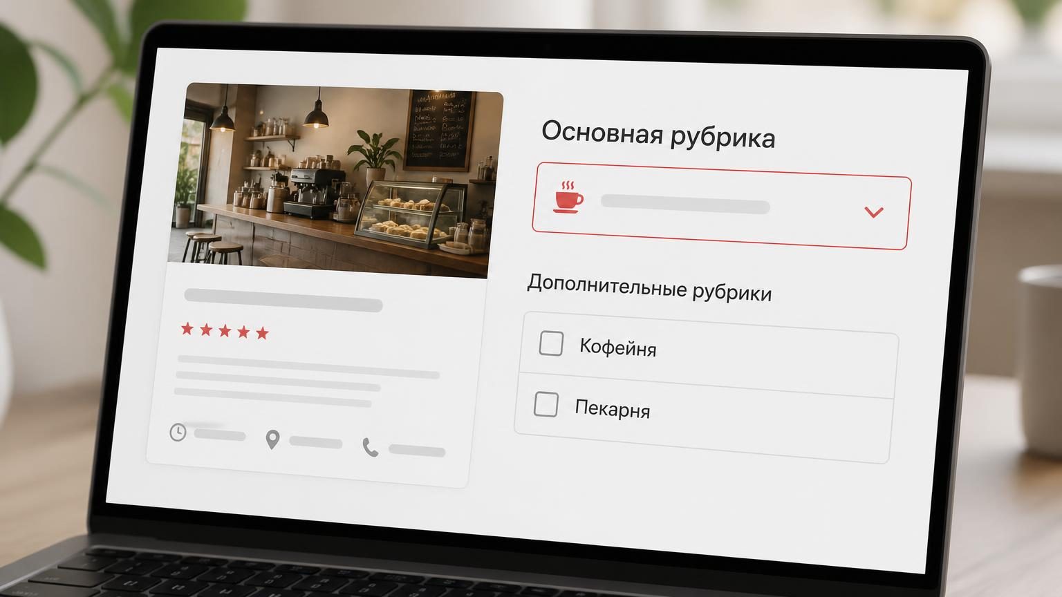 Экран ноутбука крупно: карточка заведения в редакторе, поле основной рубрики и список дополнительных. Надписи: заголовок «Основная рубрика», строки в списке «Кофейня», «Пекарня»…